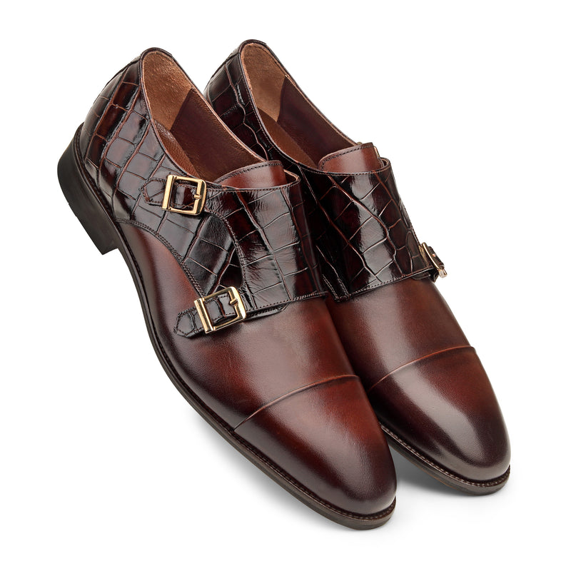 JOE SHU Men's Cap-toe Double Monk Leather Shoe