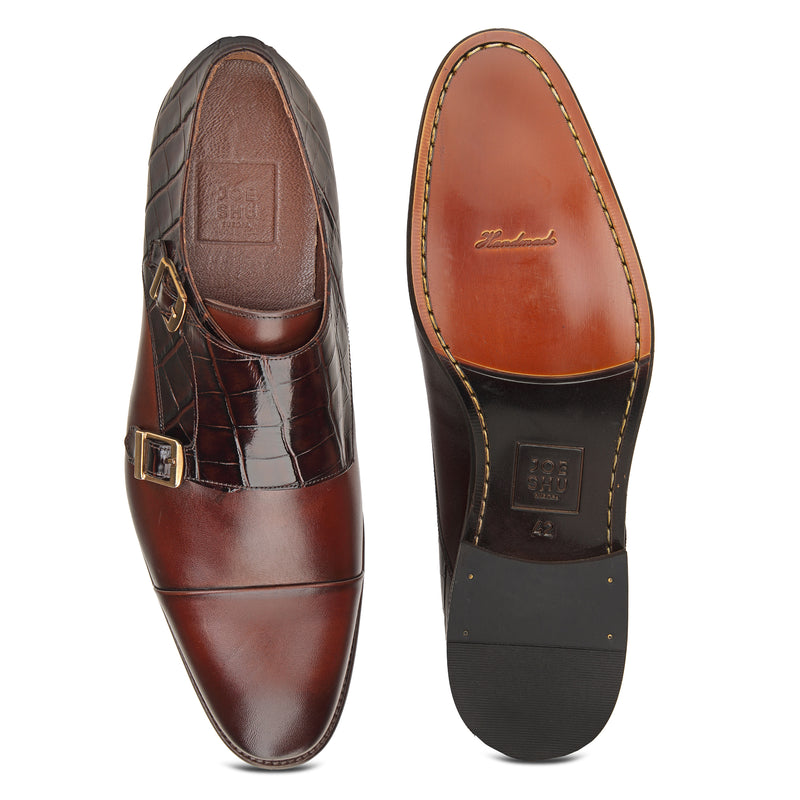 JOE SHU Men's Cap-toe Double Monk Leather Shoe
