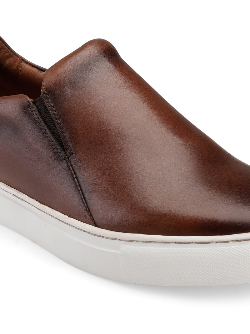 JOE SHU Men's Brown Genuine Leather Slip-on Sneaker with Rubber Sole