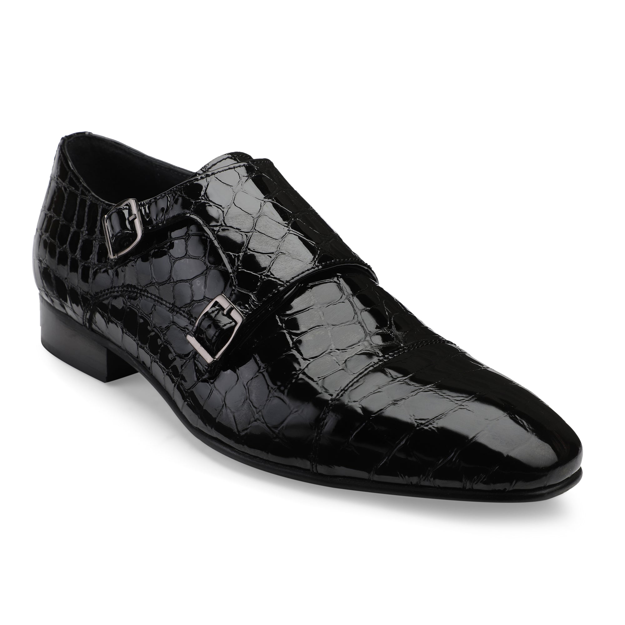 JOE SHU Men's Patent Leather Double Monk Shoe with Cap-toe Style