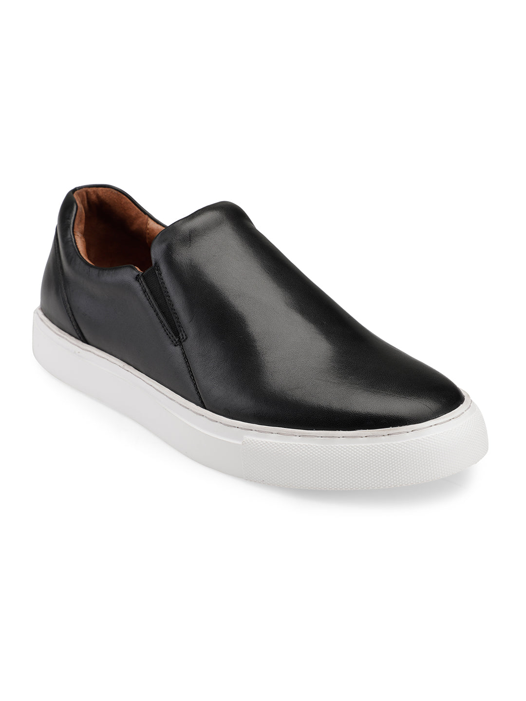 JOE SHU Men's Black Genuine Leather Slip-on Sneaker Shoes with Rubber Sole