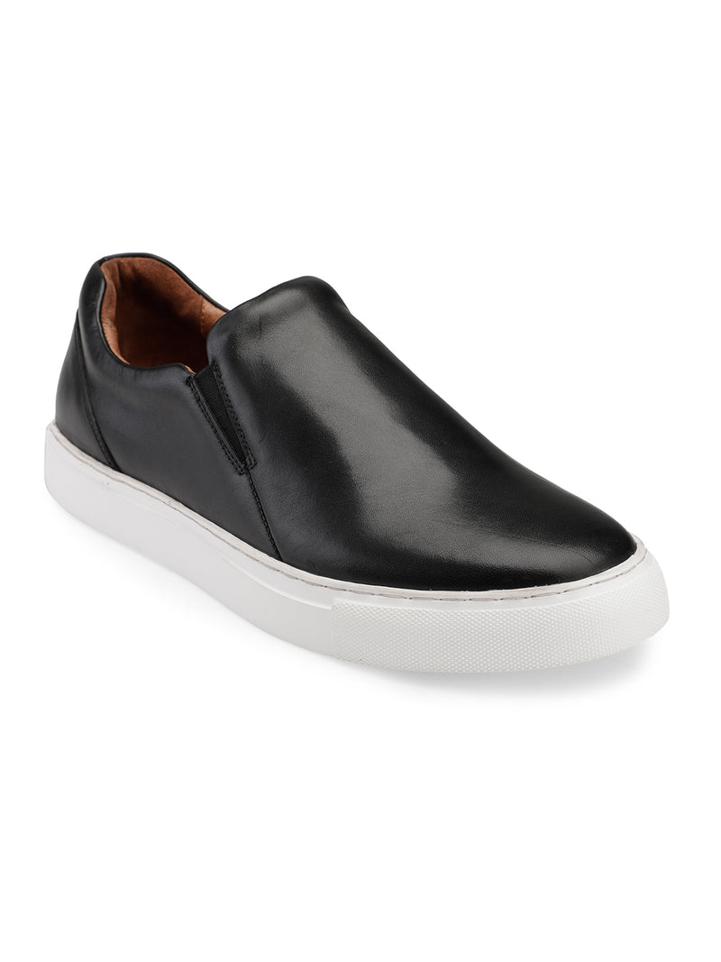 JOE SHU Men's Black Genuine Leather Slip-on Sneaker with Rubber Sole