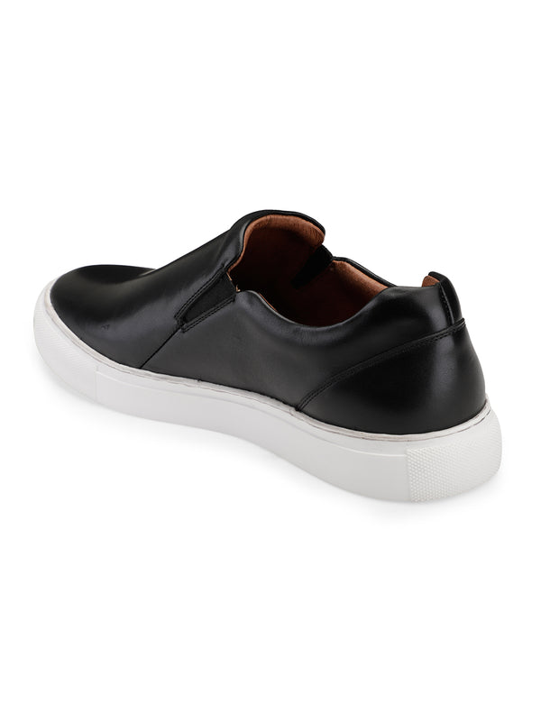JOE SHU Men's Black Genuine Leather Slip-on Sneaker with Rubber Sole