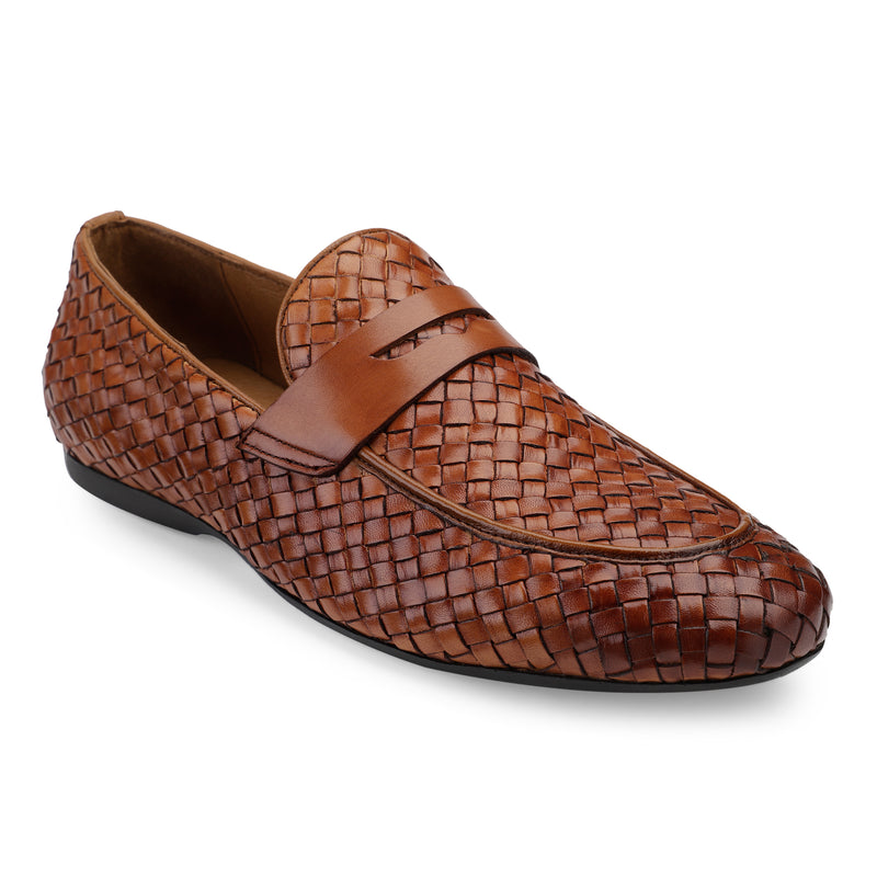 JOE SHU Men's Casual Moccasin Loafer Shoe in Weave with Chord Stitch