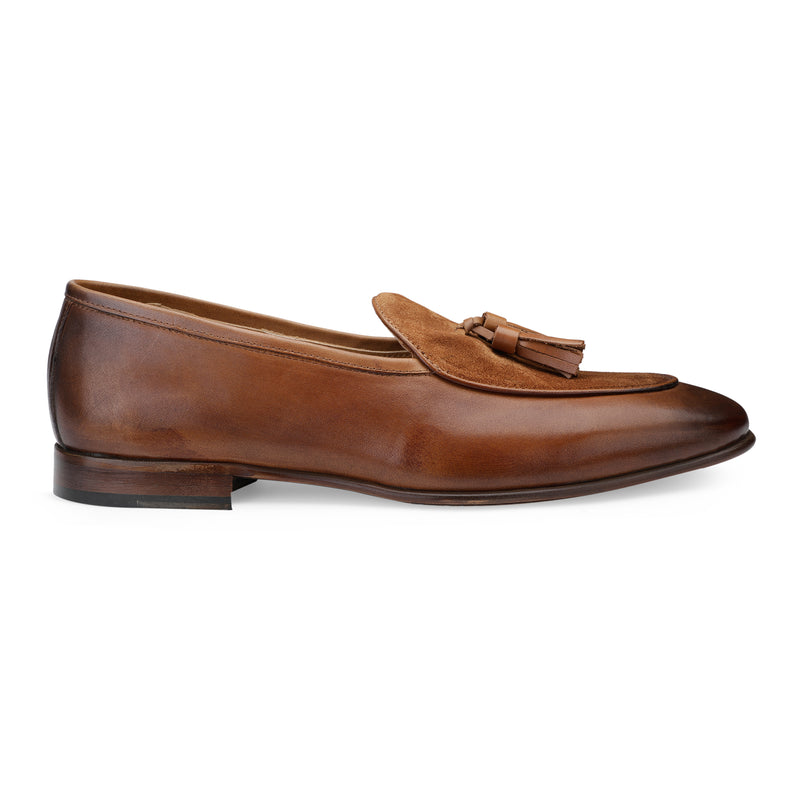 JOE SHU Men's Leather Tan Tasseled Slip-on Shoe in Suede Leather
