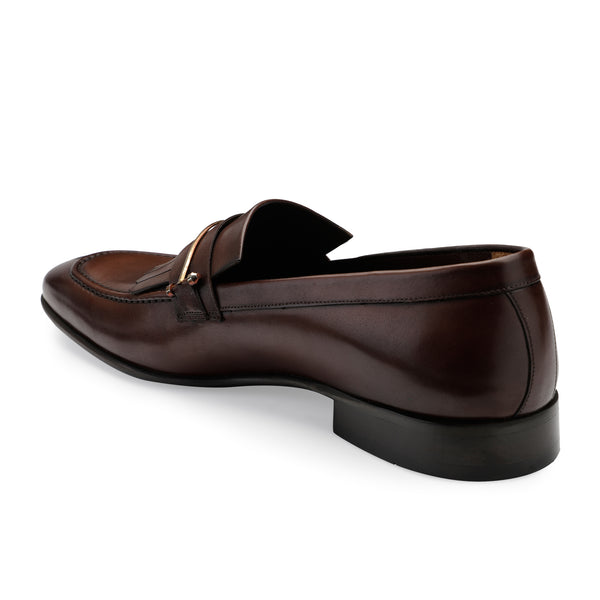 JOE SHU Men's Leather Slip-on Shoe with Fringe and Buckle